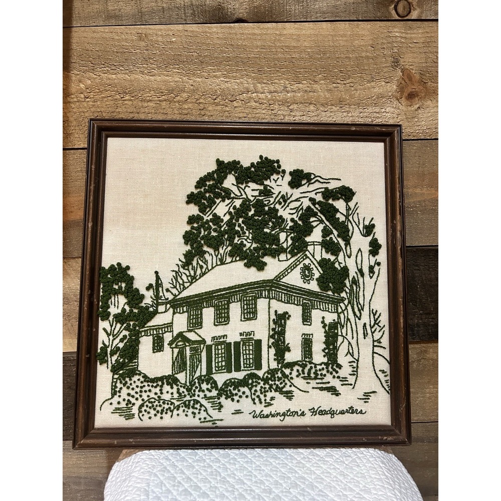 Framed‎ Handmade George Washington Headquarters Crewel Embroidery 15"x15"